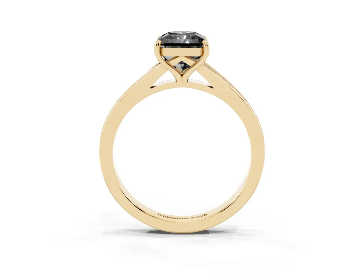 Fancy Black Radiant Cut Diamond Solitaire Ring with Pavé Band and Prong Setting Yellow gold