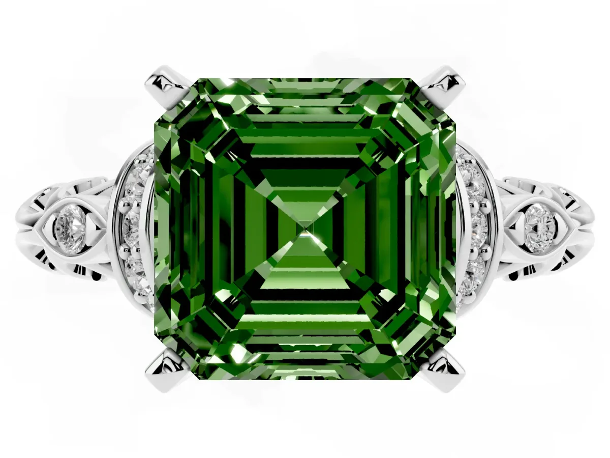 Fancy Green Asscher Cut Diamond Solitaire Ring with Filigree Band and Four-Prong Setting Platinum