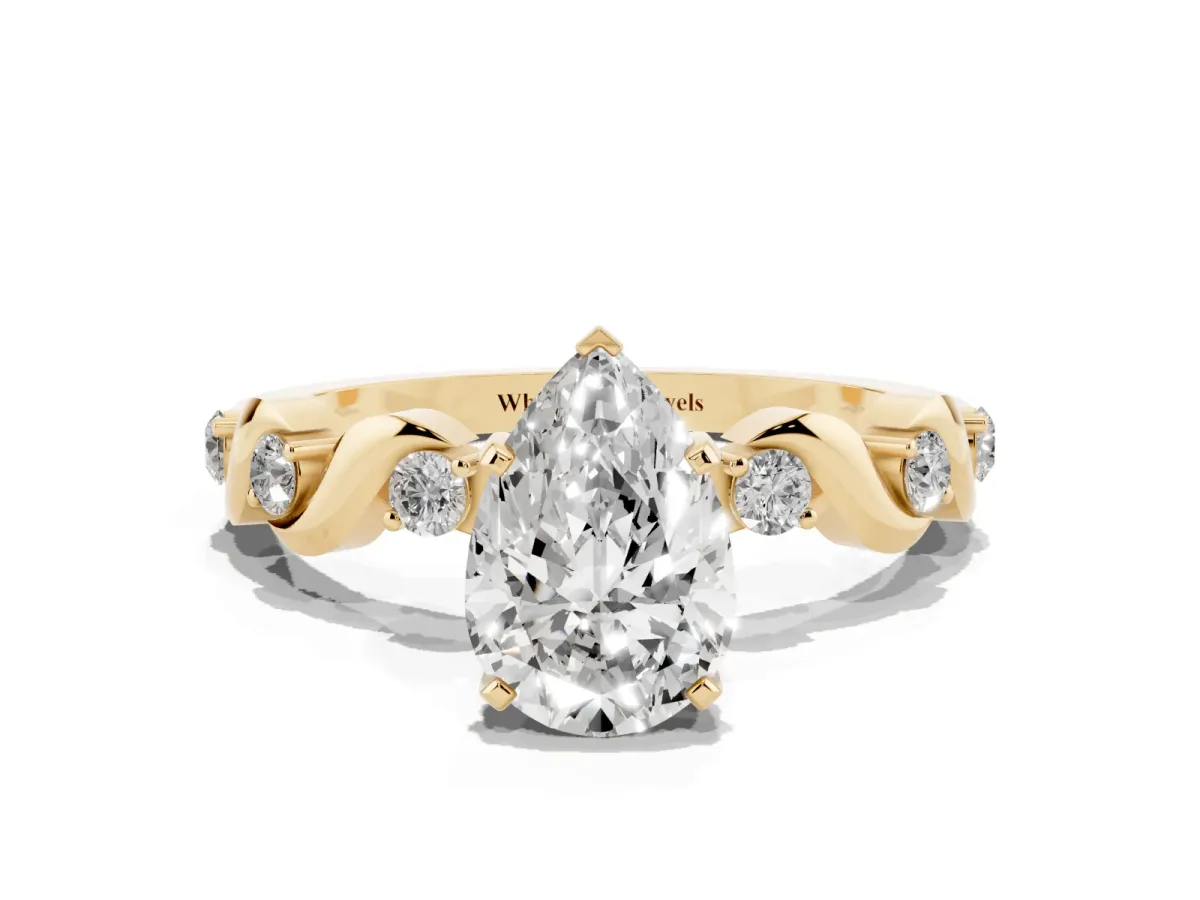 Pear Cut Diamond Solitaire Twisted Band with Round Accents and Prong Setting Yellow gold