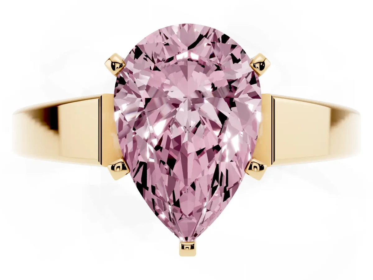 Fancy Pink Pear Cut Solitaire Engagement Ring with Four-Prong Setting and Tapered Band Yellow gold