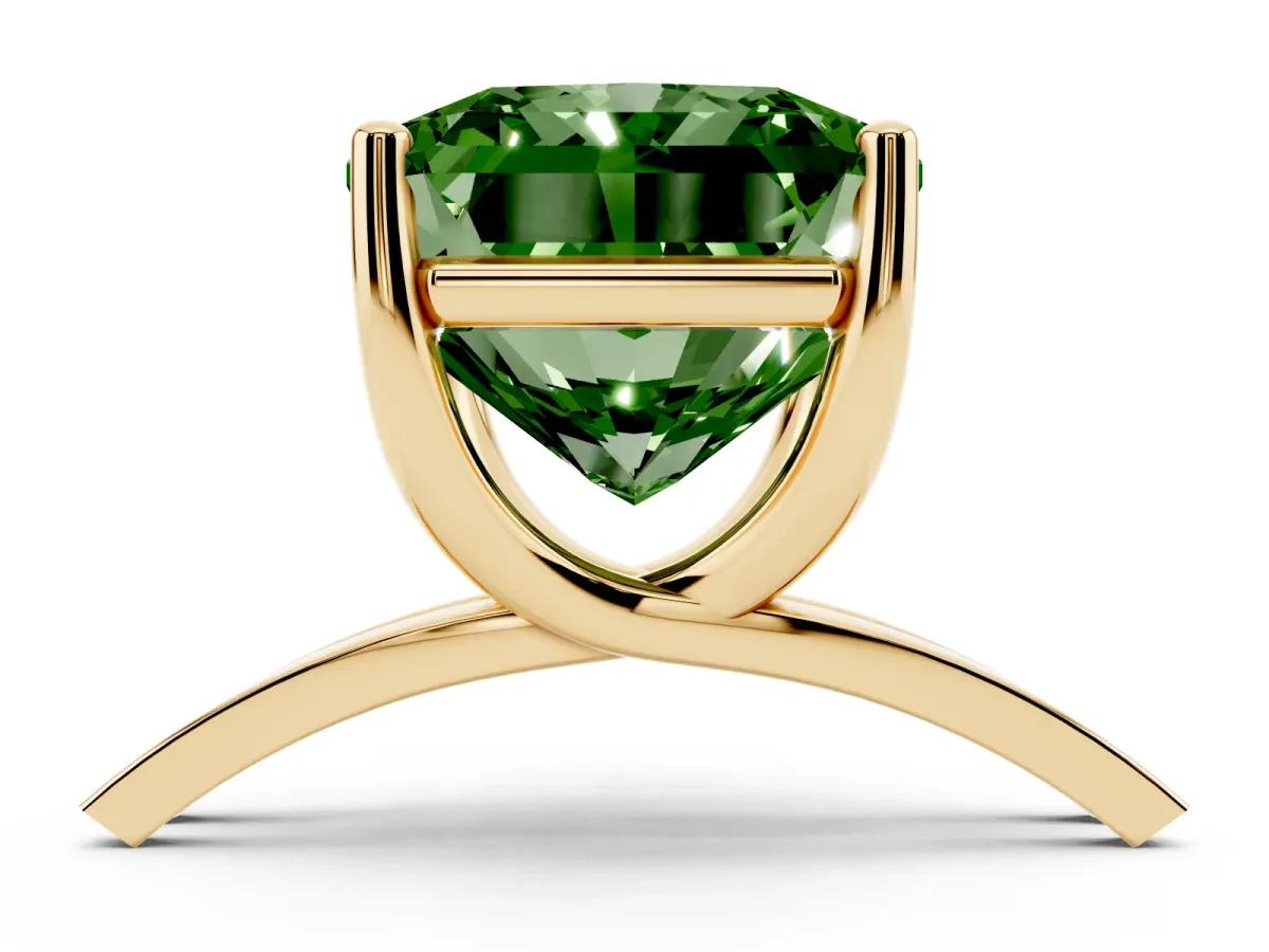 Fancy Green Radiant Cut Cut Diamond Solitaire Engagement Ring with Tapered Plain Band and Four-Prong Setting Yellow gold