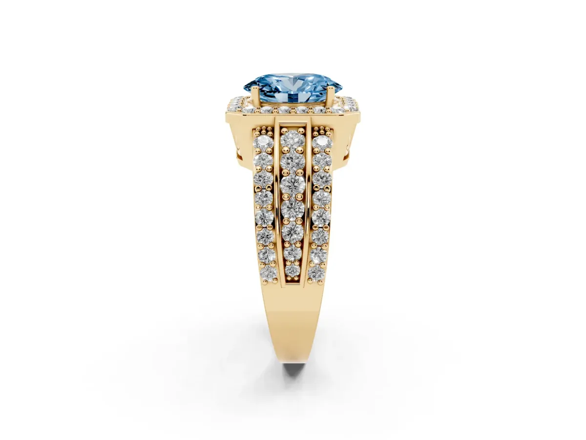 Fancy Blue Oval Cut Halo Diamond Ring with Round Split Shank and Prong Setting Yellow gold