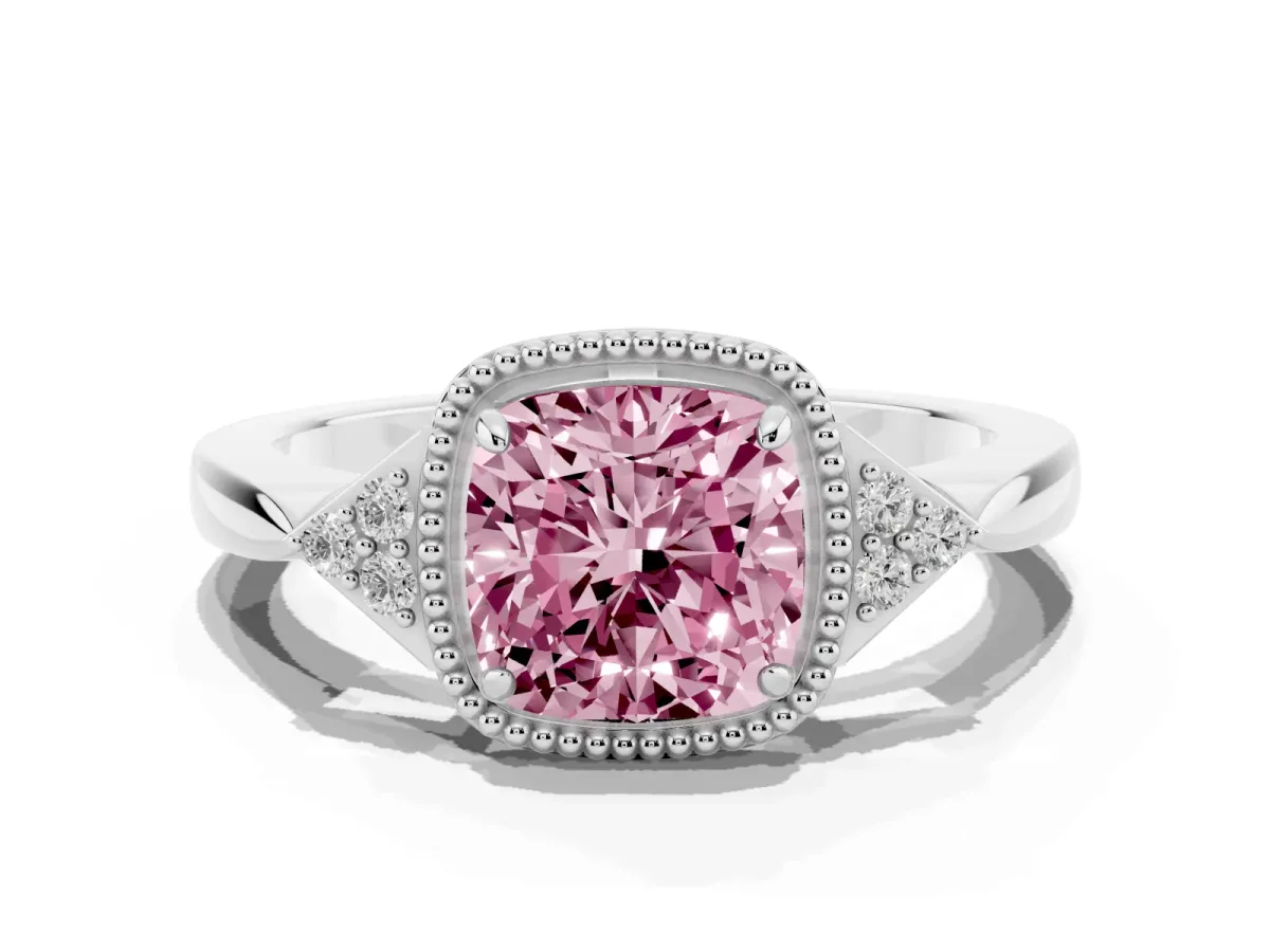 Fancy Pink Cushion Cut Diamond Halo Ring with Tapered Band and Four-Prong Setting White gold