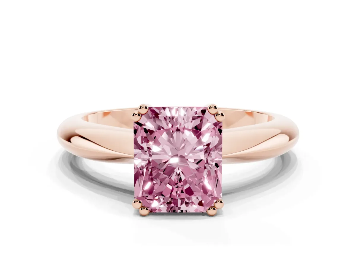Fancy Pink Radiant Cut Cut Solitaire Engagement Ring with Tapered Band and Four-Prong Setting Rose gold