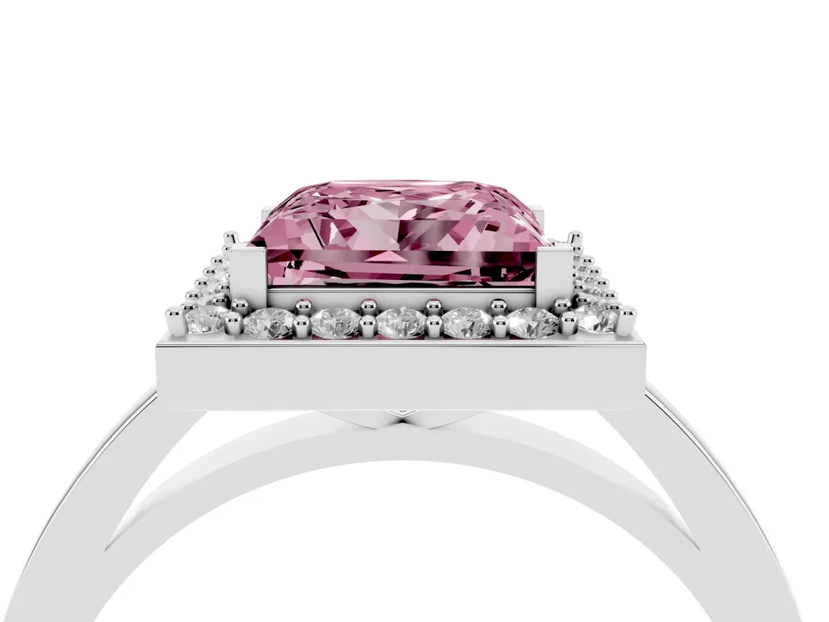 Fancy Pink Princess Cut Halo Diamond Ring with Solitaire Band and Prong Setting Platinum