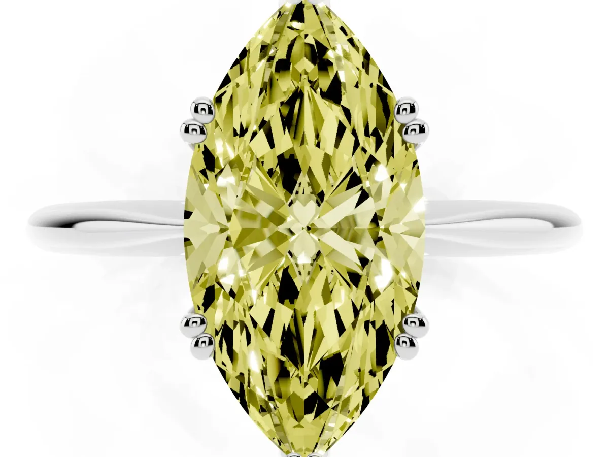 Fancy Yellow Marquise Cut Solitaire Diamond Ring with Six-Prong Setting and Classic Band Platinum