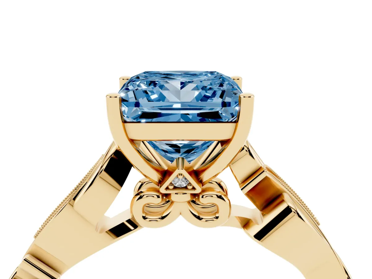 Fancy Blue Princess Cut Solitaire Vine Band with Milgrain Prong Setting Yellow gold