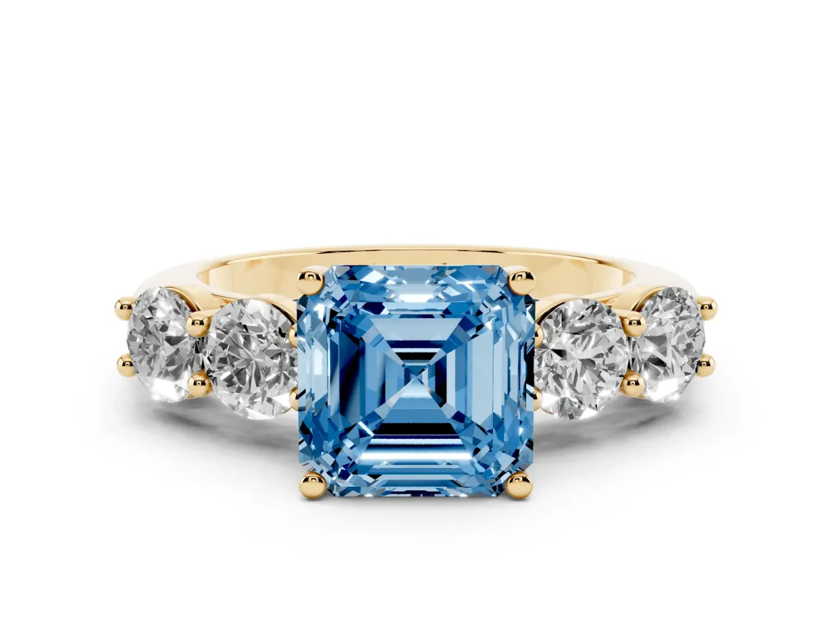 Fancy Blue Asscher Cut Cut Five-Stone Prong Set Diamond Ring with Classic Band Yellow gold