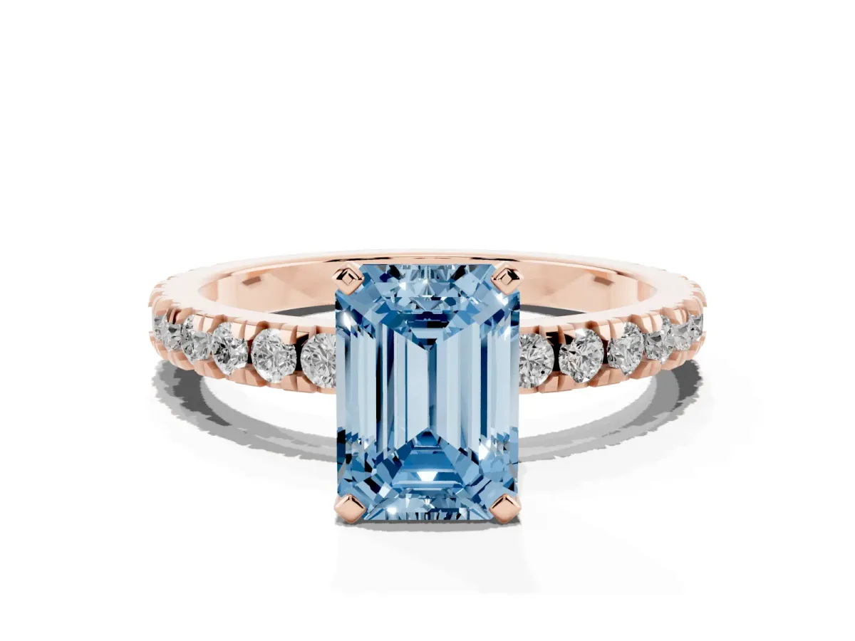 Fancy Blue Emerald Cut Diamond Pavé Band Solitaire with Four-Prong Setting Rose gold