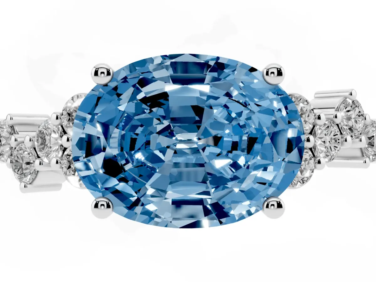 Fancy Blue Oval Cut Diamond Scattered Round Accent Ring with Prong Setting White gold