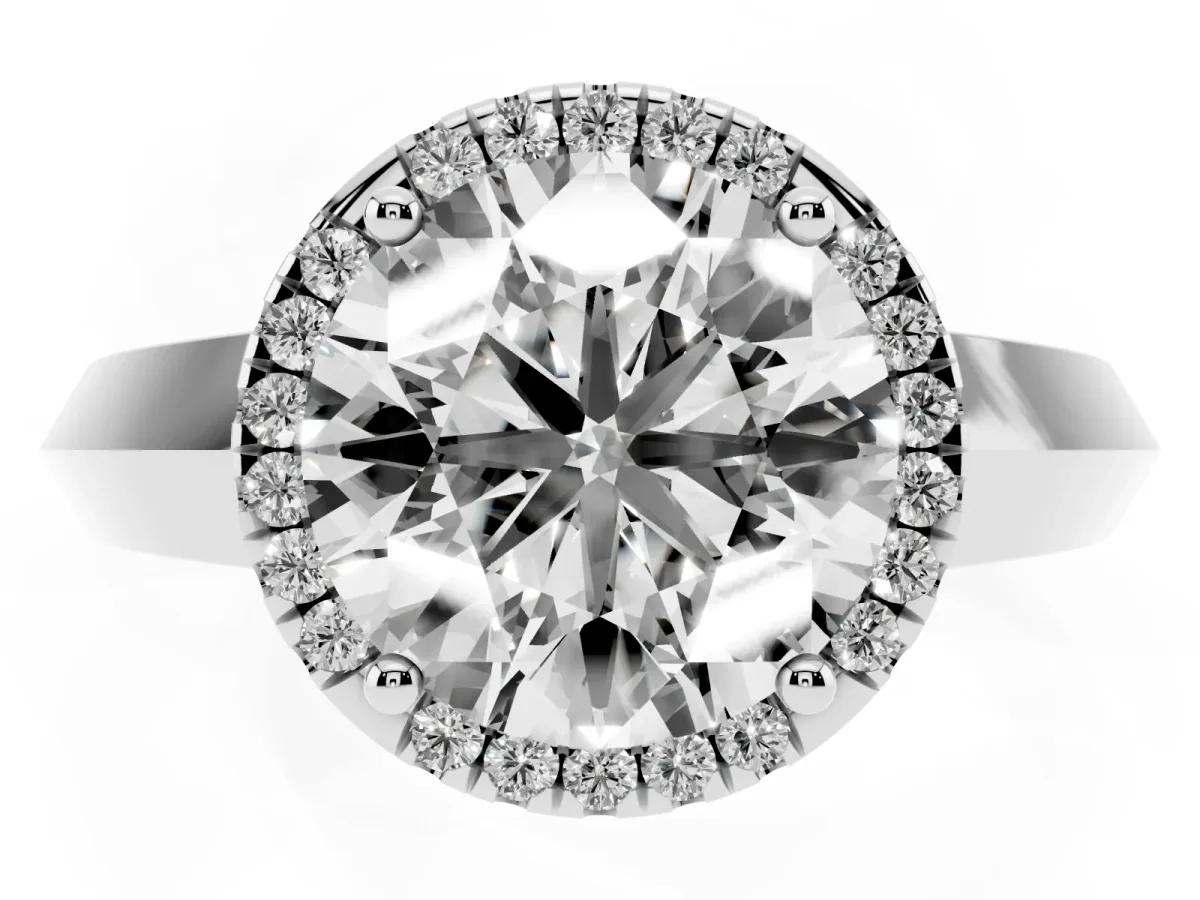 Round Cut Halo Diamond Ring with Cathedral Band and Four-Prong Setting White gold