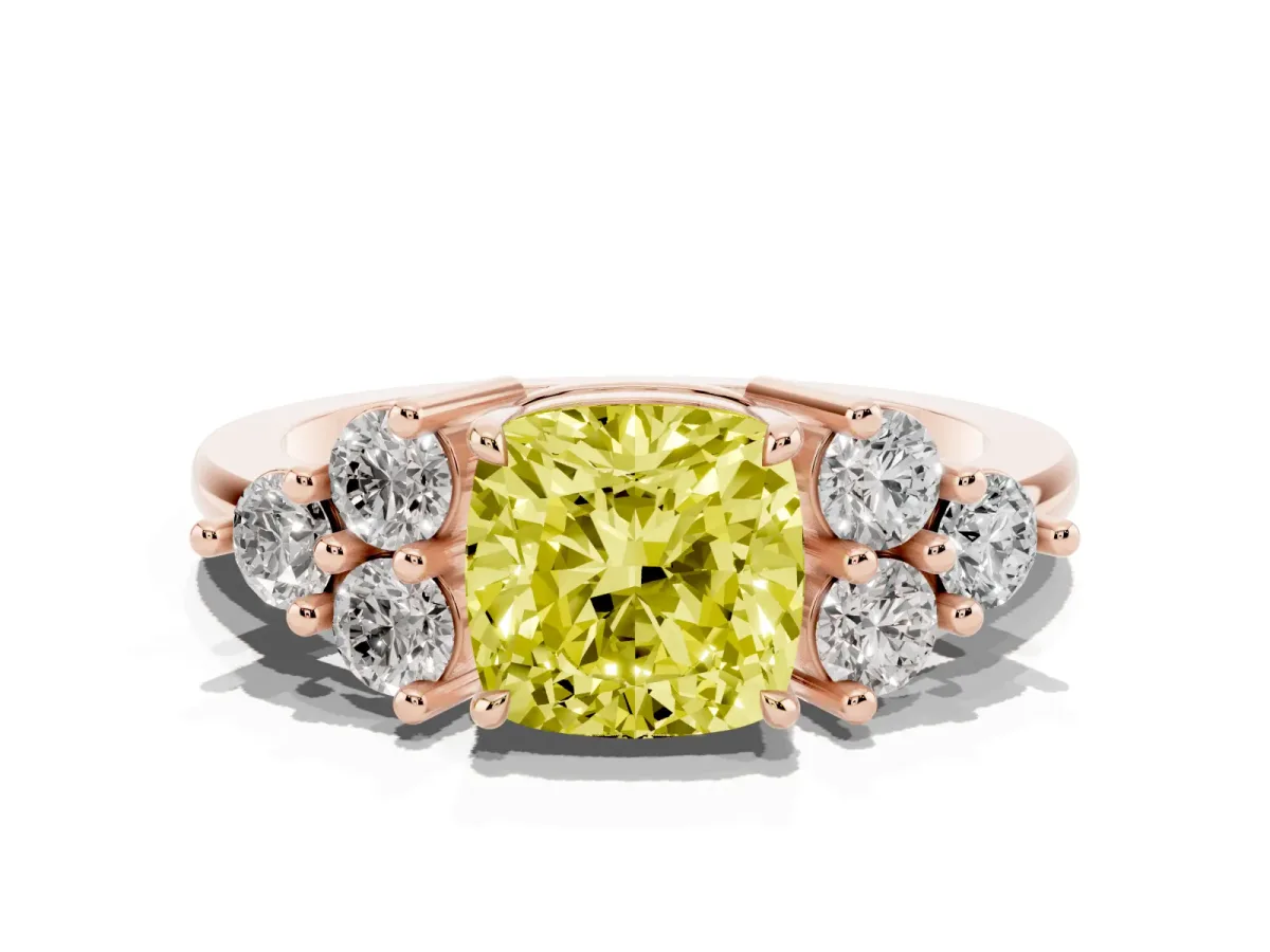Fancy Yellow Cushion Cut Brilliant Diamond Cluster Accent Solitaire Ring with Prong Setting Rose gold