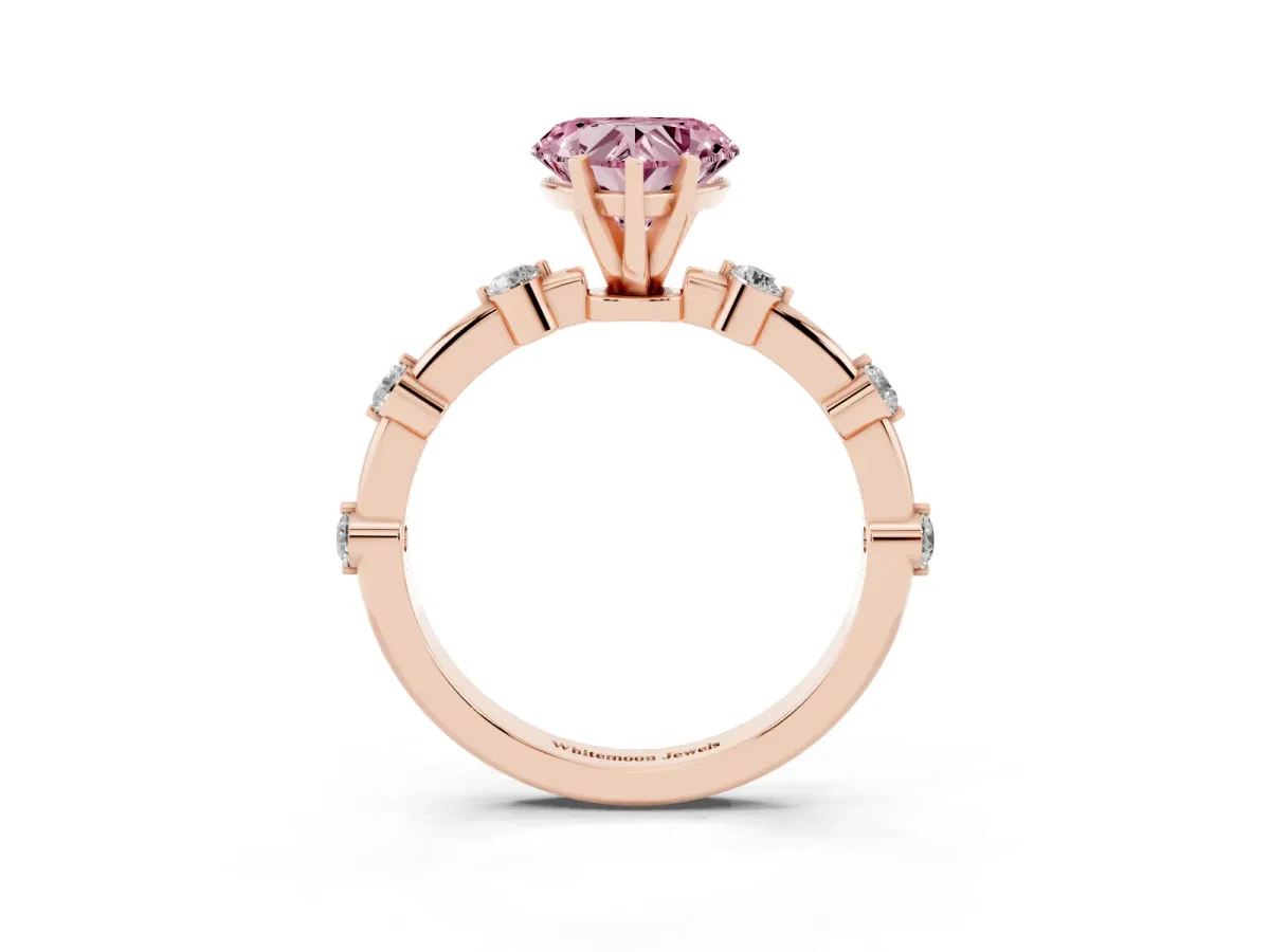 Fancy Pink Heart Cut Solitaire Diamond Ring with Bezel Set Side Stones and Prong Setting Rose gold