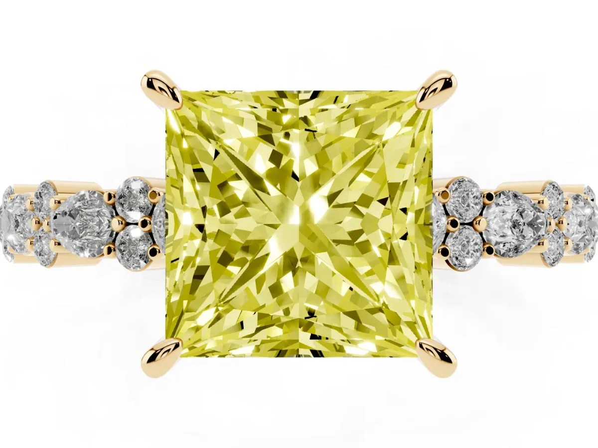 Fancy Yellow Princess Cut Diamond Side Stone Solitaire Ring with Round and Four-Prong Setting Yellow gold