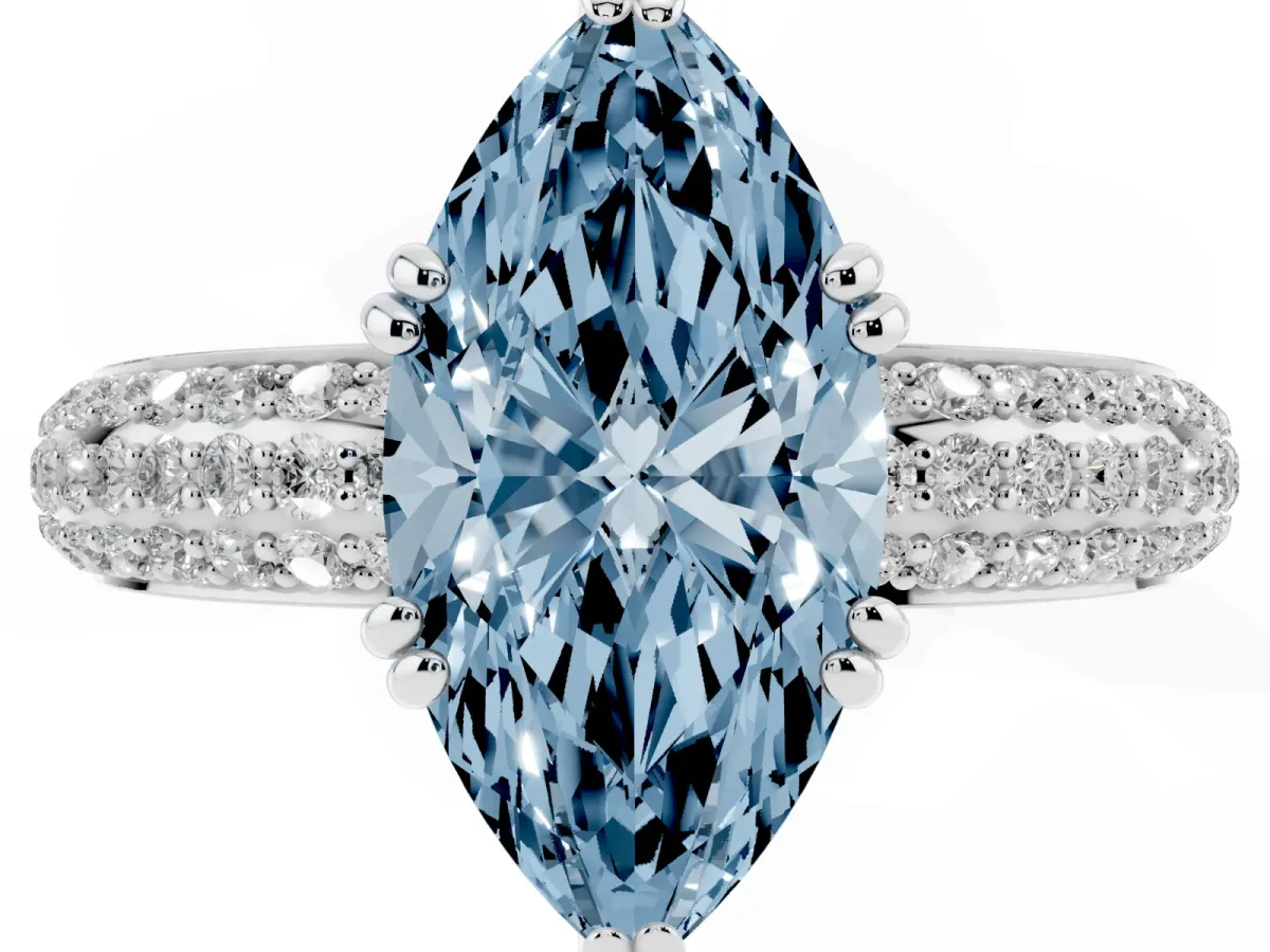 Fancy Blue Marquise Cut Diamond Solitaire Ring with Multi-Row Round Pavé Band and Prong Setting Silver