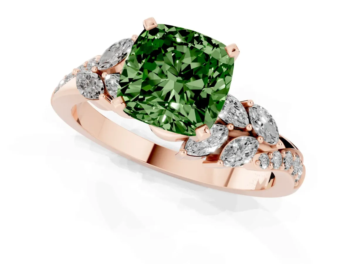 Fancy Green Cushion Cut Solitaire Marquise Twist Band with Six-Prong Setting Rose gold