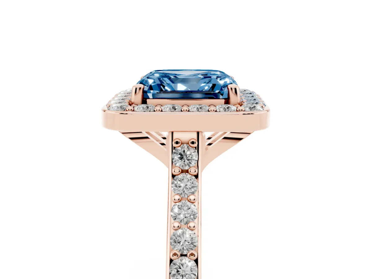 Fancy Blue Asscher Cut Diamond Halo Engagement Ring with Round Pavé Shoulders and Prong Setting Rose gold