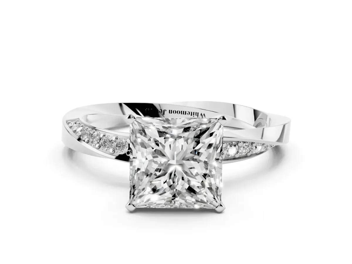 Princess Cut Diamond Engagement Ring with Side Stone Accents and Four-Prong Setting Platinum