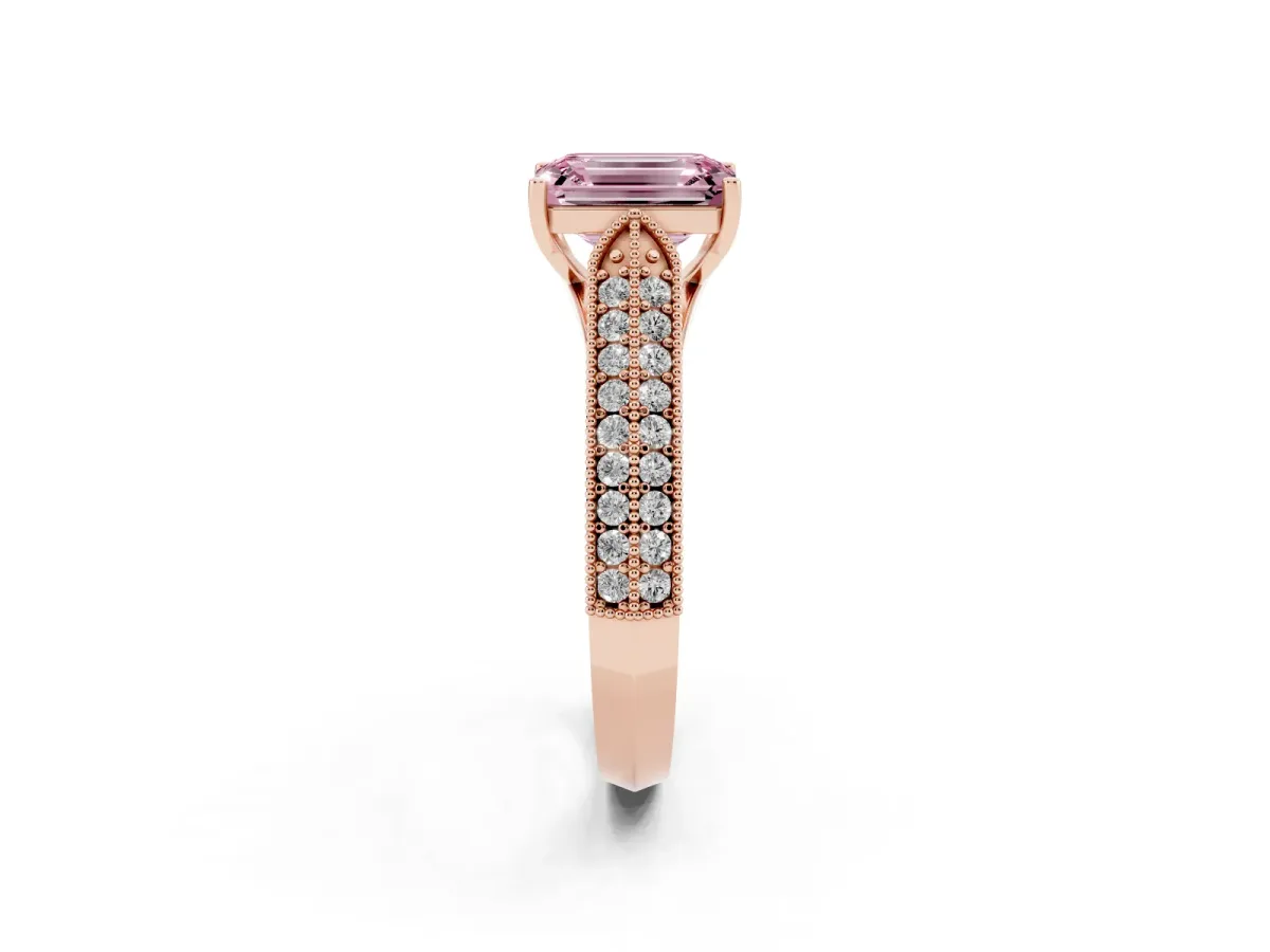 Fancy Pink Emerald Cut Cut Pave Split Shank Engagement Ring with Four-Prong Setting Rose gold