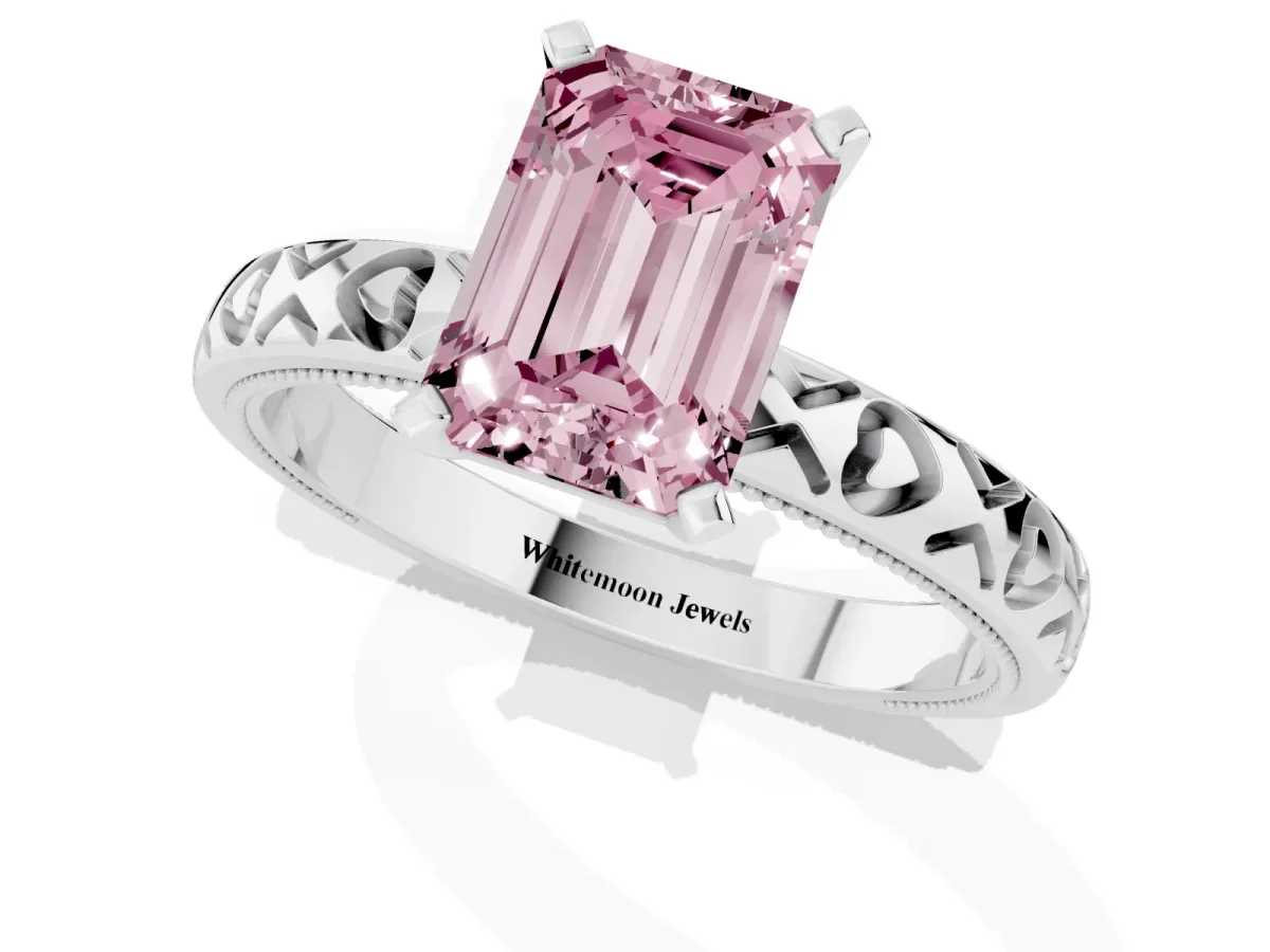 Fancy Pink Emerald Cut Solitaire Diamond Engagement Ring with XO Engraved Band and Four-Prong Setting Silver