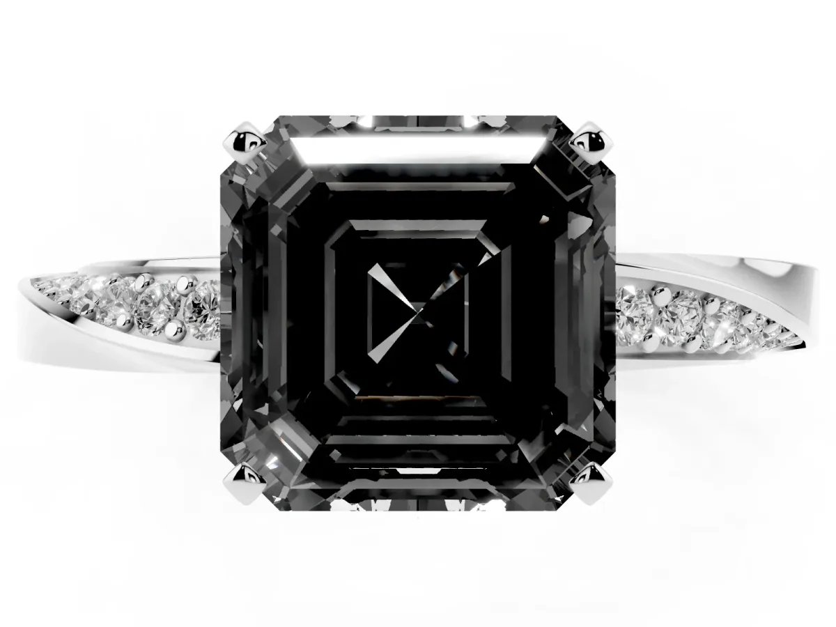 Fancy Black Asscher Cut Diamond Engagement Ring with Side Stone Accents and Four-Prong Setting Platinum