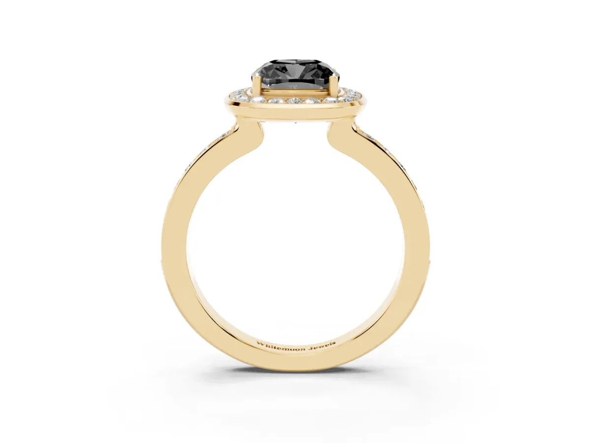 Fancy Black Cushion Cut Diamond Halo Ring with Bezel Frame and Pavé Band Yellow gold
