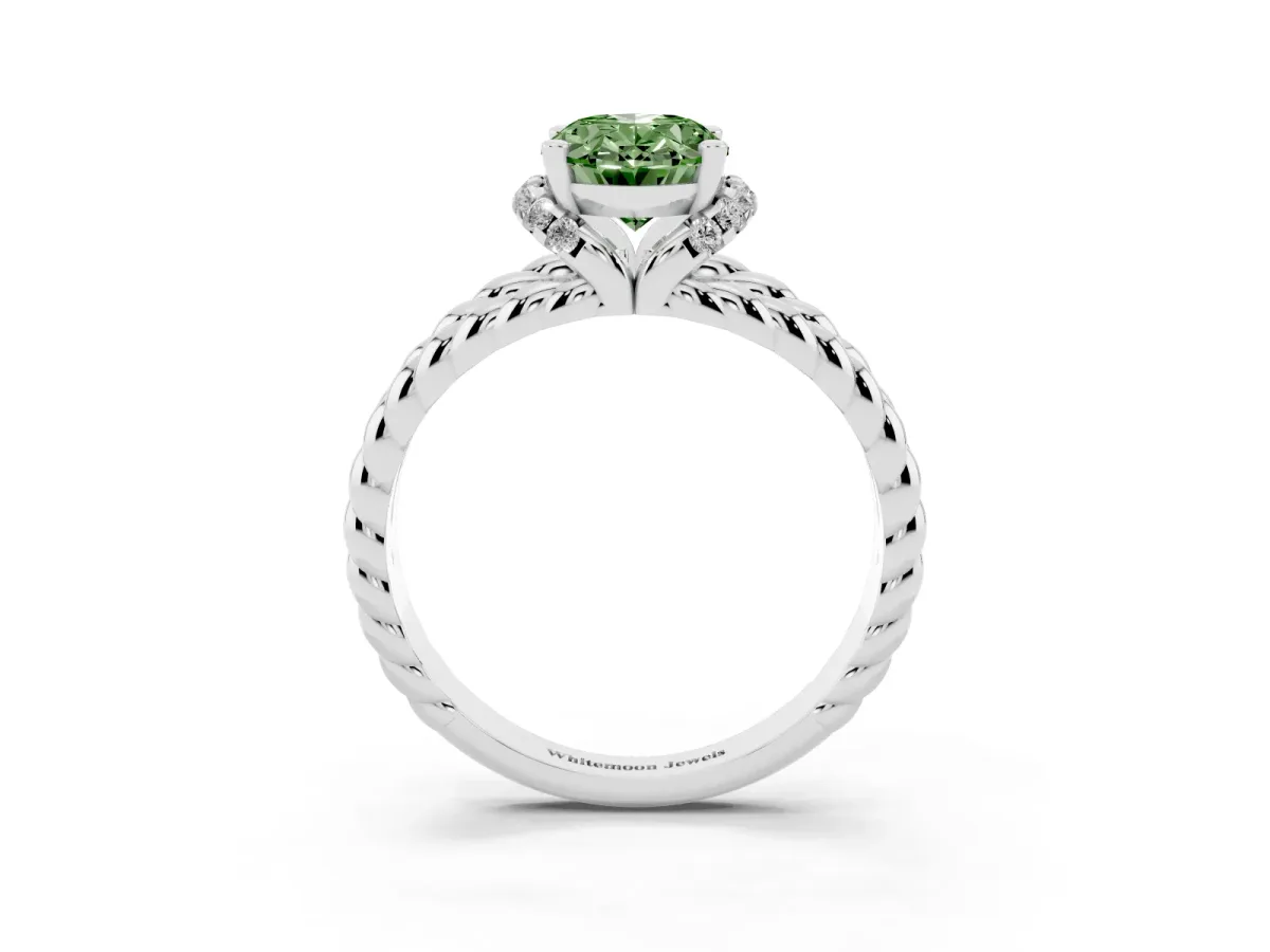 Fancy Green Oval Cut Halo Twisted Band Four-Prong Ring Silver