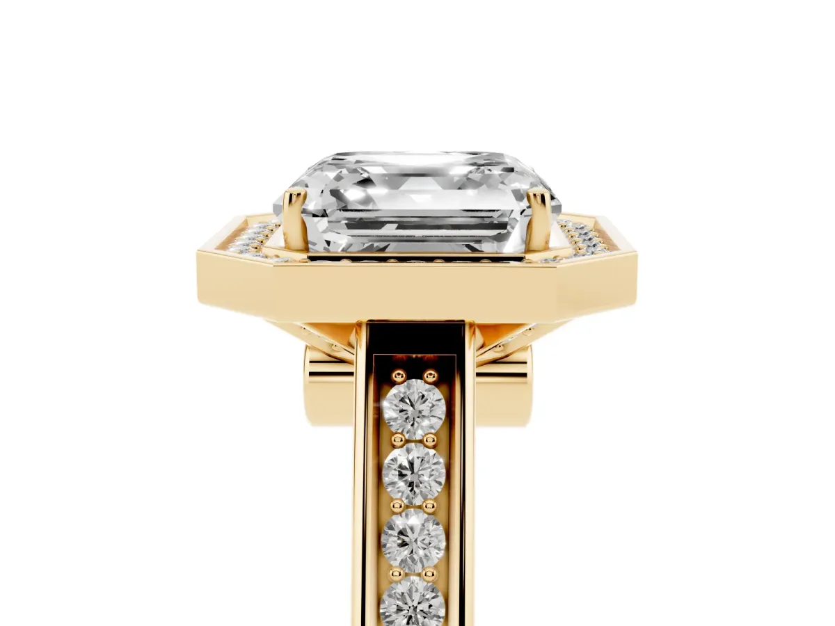 Asscher Cut Halo Solitaire Diamond Ring with Pave Band and Bezel Setting Yellow gold
