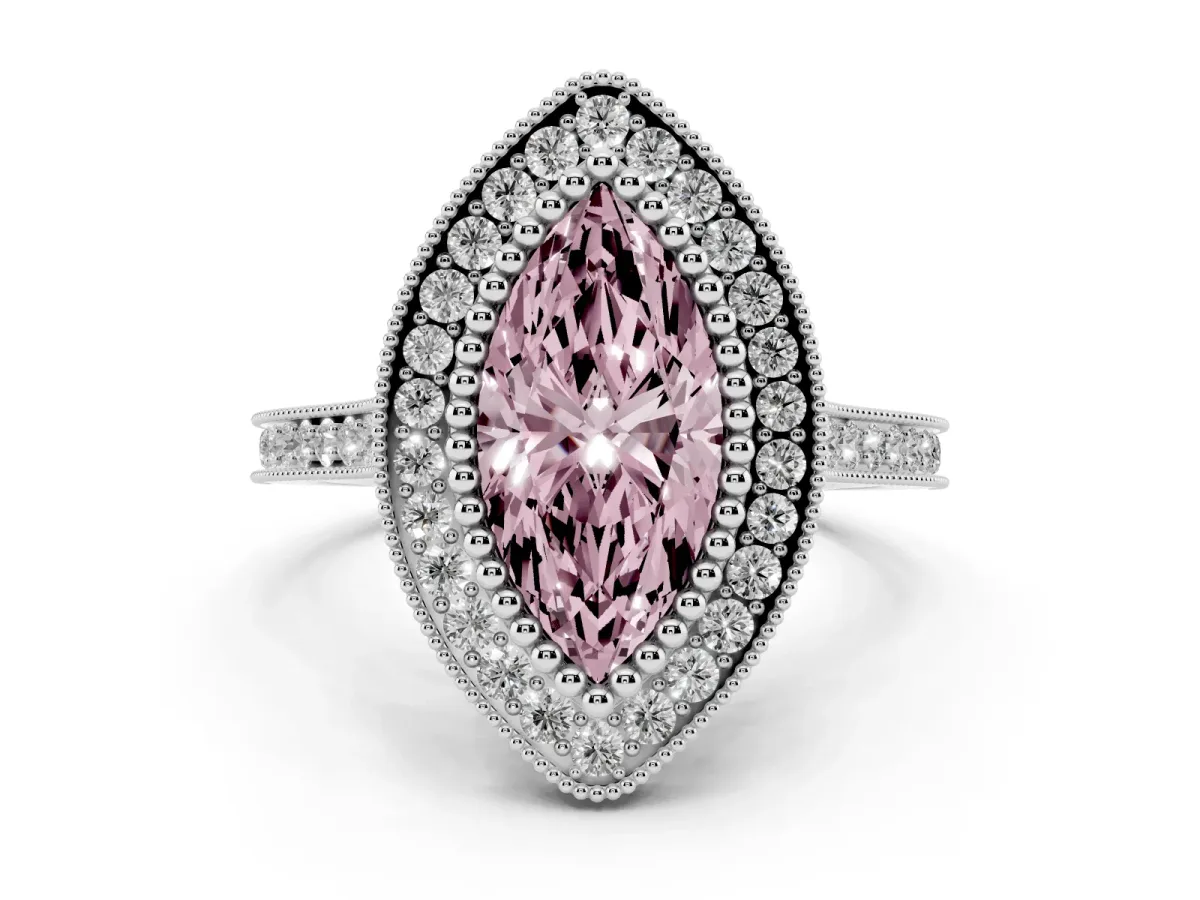Fancy Pink Marquise Cut Diamond Halo Ring with Milgrain Frame and Pavé Band Platinum
