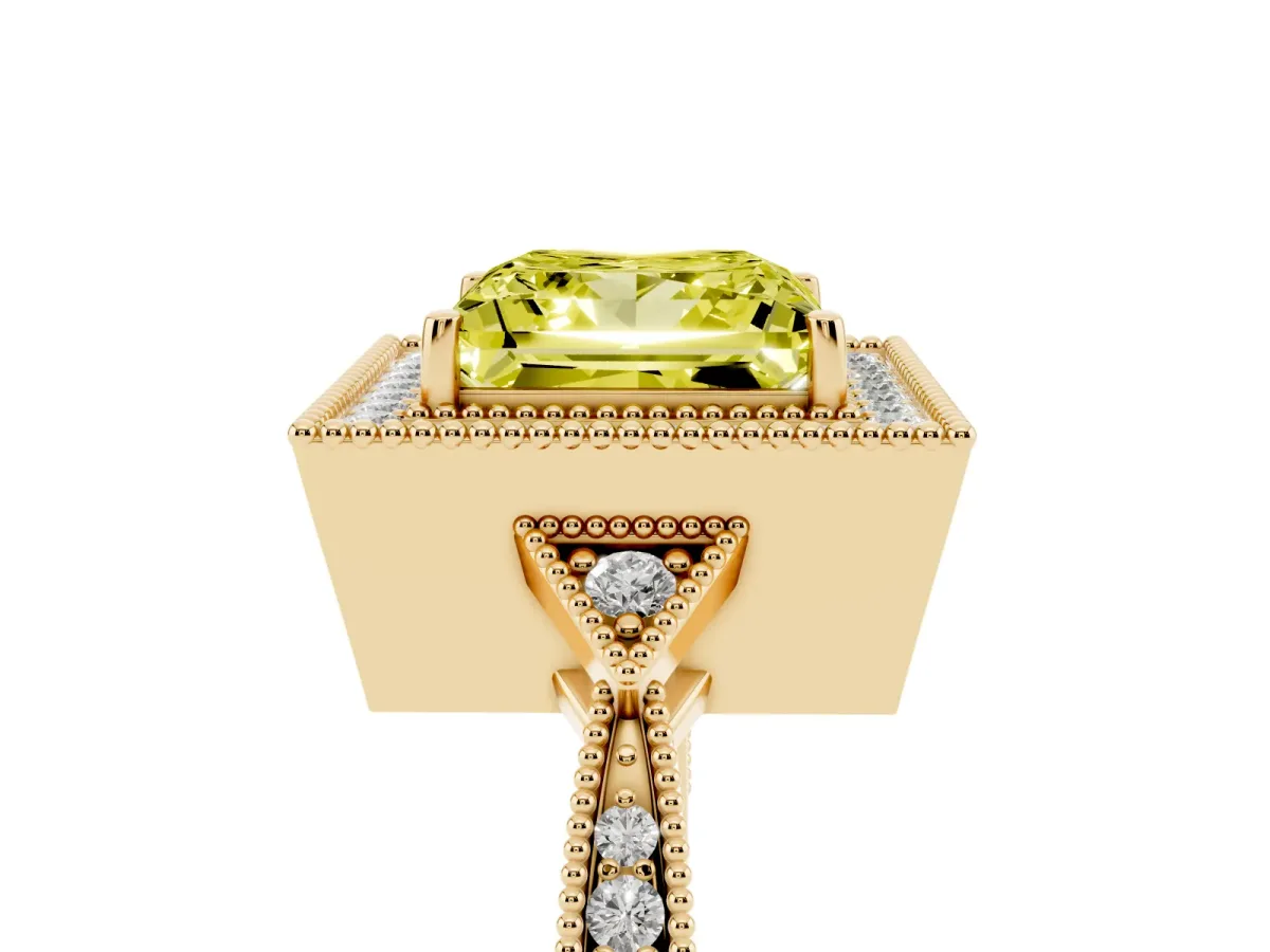 Fancy Yellow Princess Cut Halo Round Diamond Milgrain Pave Engagement Ring Yellow gold