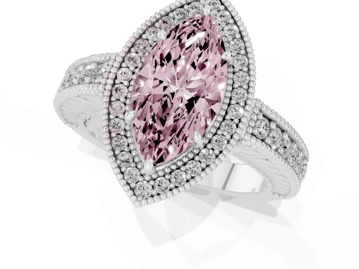 Fancy Pink Marquise Cut Cut Halo Diamond Ring with Pavé Band and Four-Prong Setting Platinum