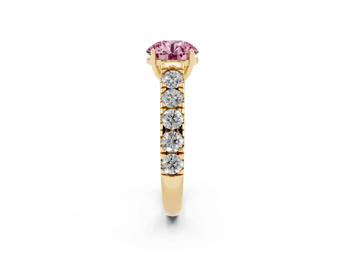 Fancy Pink Round Cut Cut Diamond Solitaire Ring with Micro Pave Band and Prong Setting Yellow gold