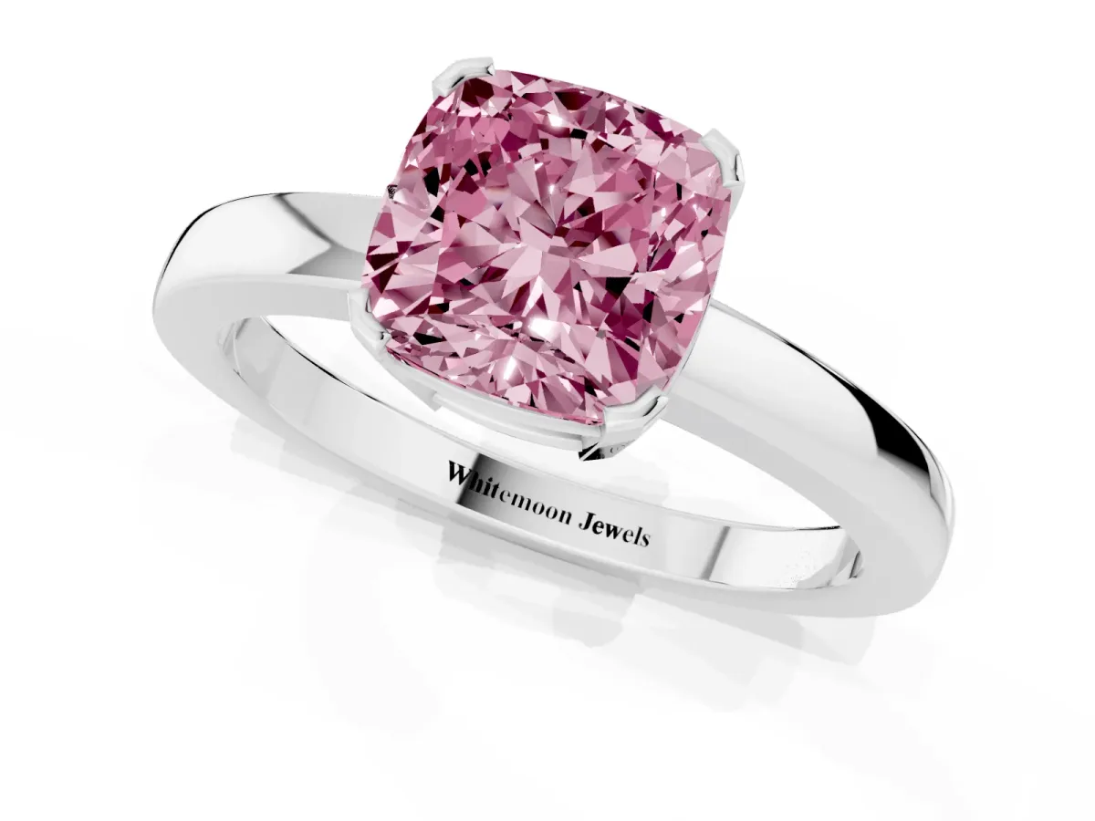 Fancy Pink Cushion Cut Cut Solitaire Ring with Four-Prong Setting and Classic Band Silver