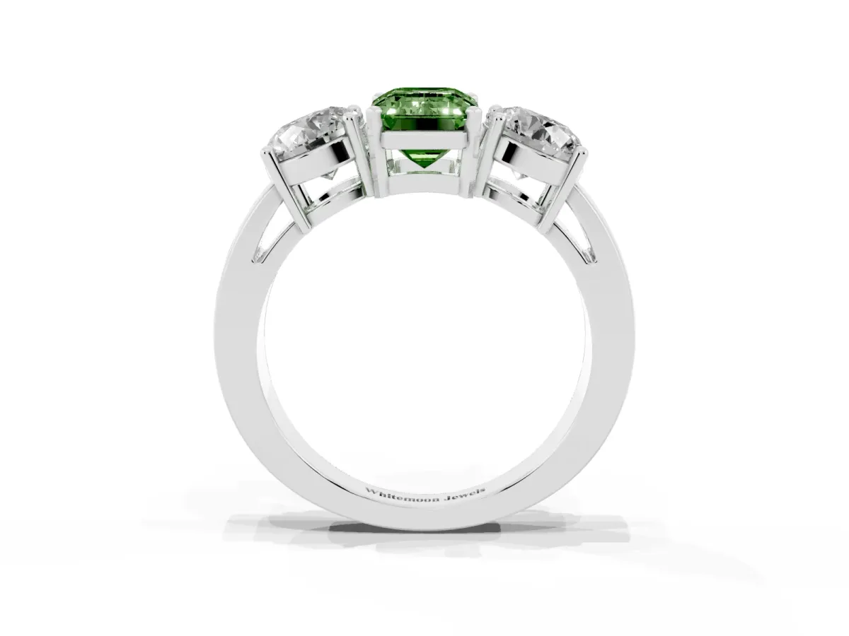 Fancy Green Three-Stone Emerald Cut Diamond Ring with Round Side Stones, Classic Band, and Four-Prong Setting Silver