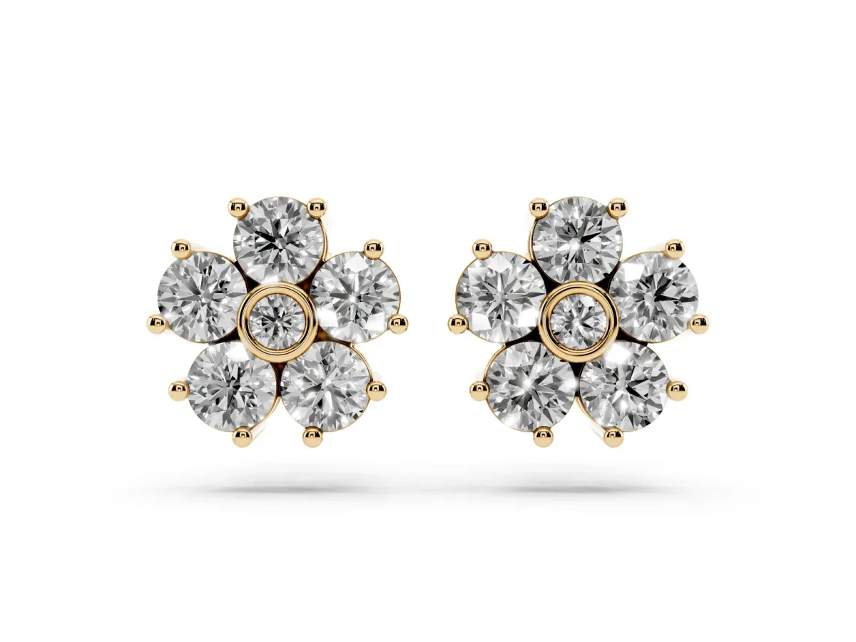 Round Diamond Flower Stud Earrings with Diamond Accent Yellow gold