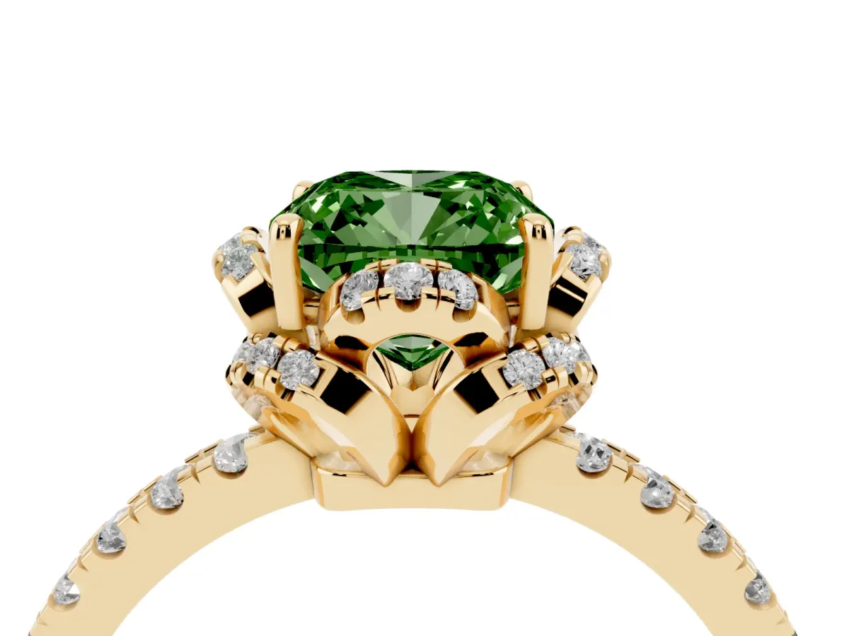 Fancy Green Cushion Cut Diamond Halo Pave Band with Four-Prong Setting Yellow gold