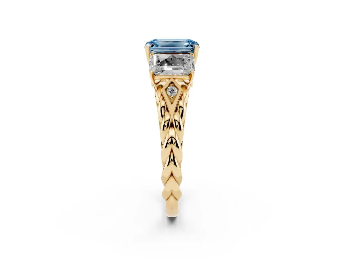 Fancy Blue Three-Stone Emerald Cut Diamond Braided Band Ring with Four-Prong Setting Yellow gold