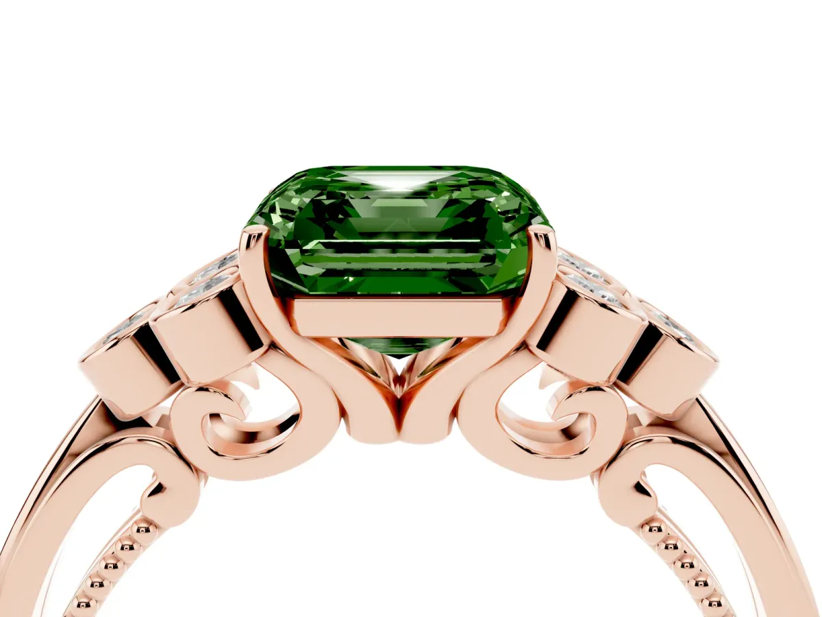 Fancy Green Asscher Cut Cut Diamond Engagement Ring with Bezel Set Round Side Stones and Prong Setting Rose gold