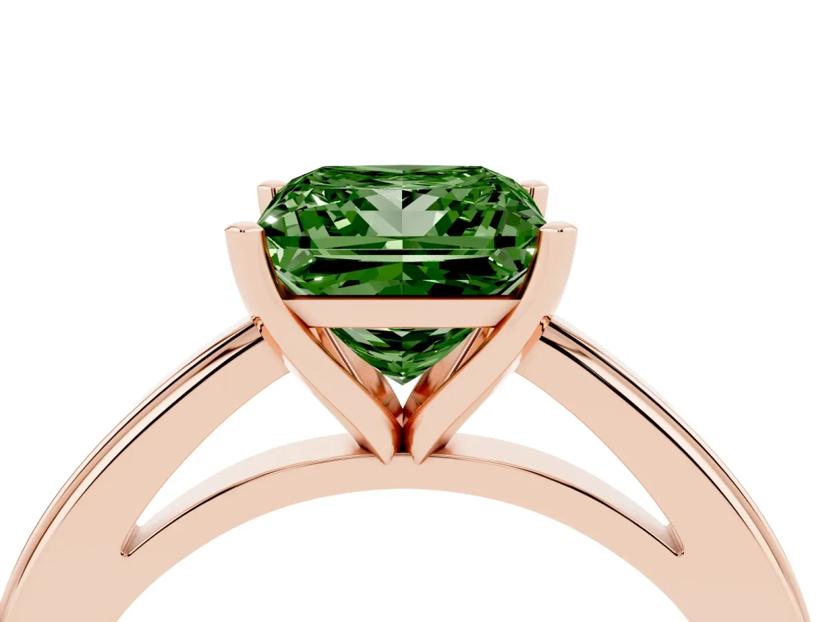 Fancy Green Princess Cut Solitaire Diamond Ring with Four-Prong Setting and Classic Band Rose gold