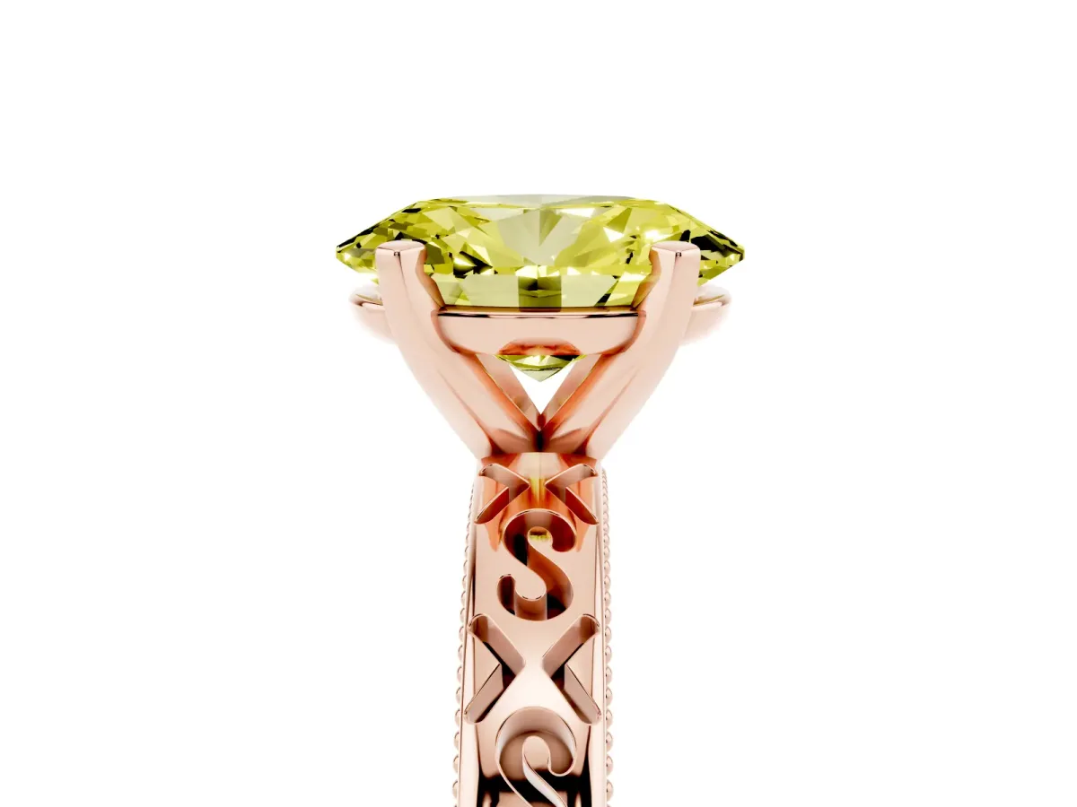 Fancy Yellow Oval Cut Solitaire Engagement Ring with Scrollwork Band and Four-Prong Setting Rose gold