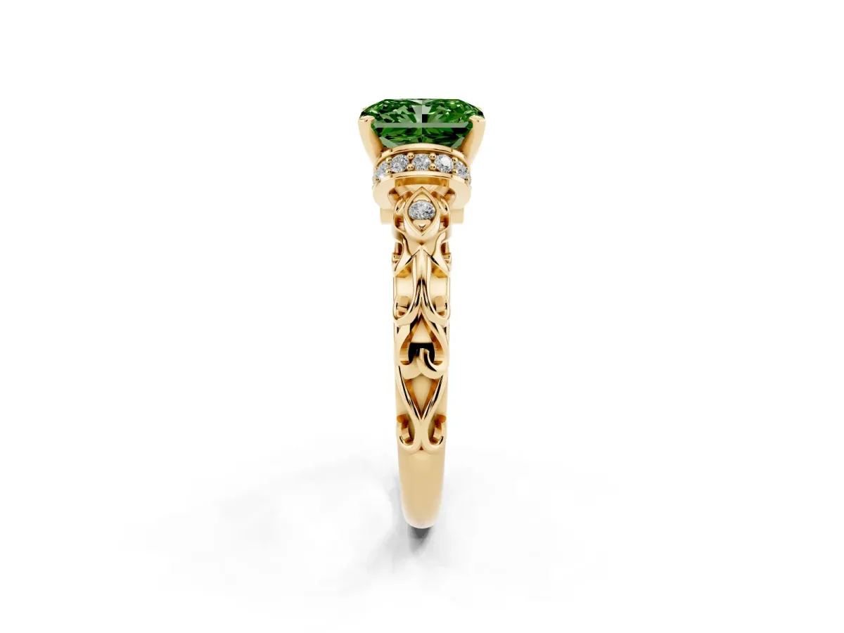 Fancy Green Radiant Cut Diamond Solitaire Ring with Filigree Band and Four-Prong Setting Yellow gold