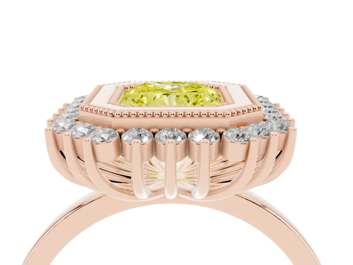 Fancy Yellow Radiant Cut Halo Diamond Ring with Milgrain Edge and Round Prong Setting Rose gold