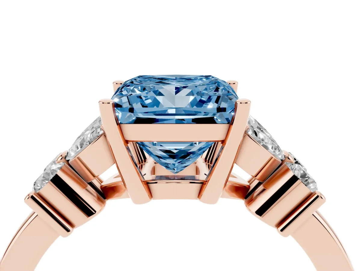 Fancy Blue Princess Cut Diamond Floral Cluster Ring with Solitaire Band and Prong Setting Rose gold