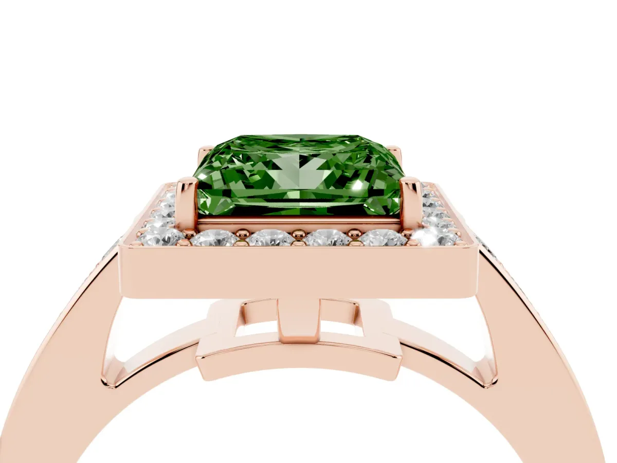 Fancy Green Princess Cut Halo Pavé Diamond Engagement Ring with Bezel Setting Rose gold