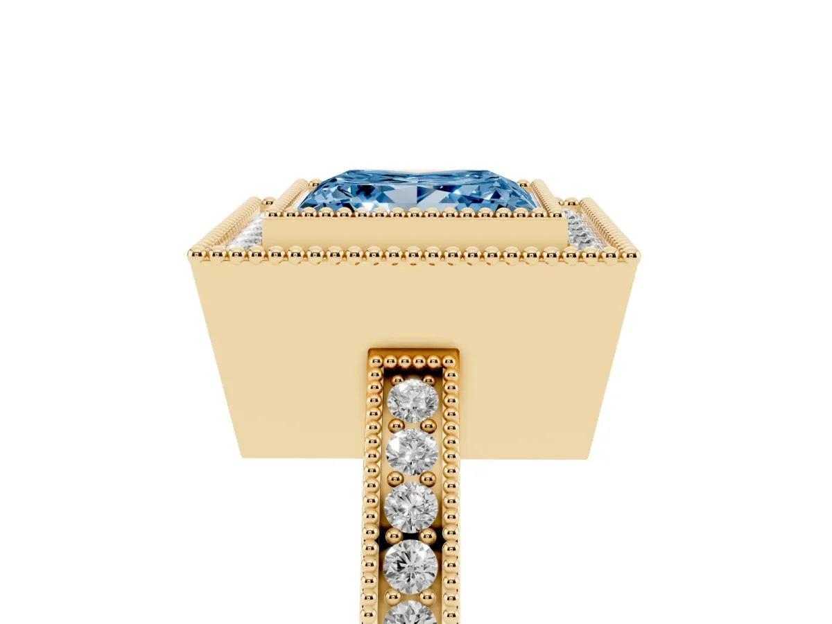 Fancy Blue Princess Cut Cut Halo Diamond Ring with Pavé Band and Milgrain Prong Setting Yellow gold