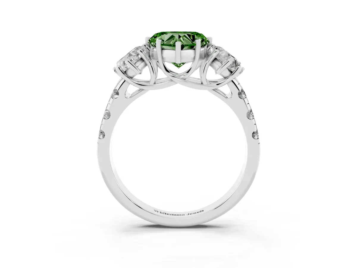 Fancy Green Three-Stone Heart Cut Diamond Pavé Band with Prong Setting Silver
