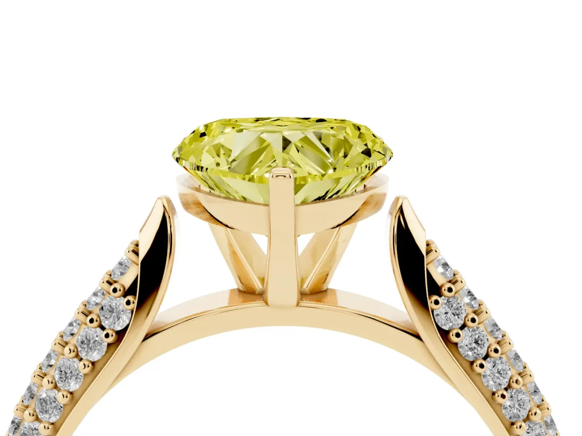 Fancy Yellow Heart Cut Diamond Solitaire Engagement Ring with Multi-Row Round Pavé Band and Prong Setting Yellow gold