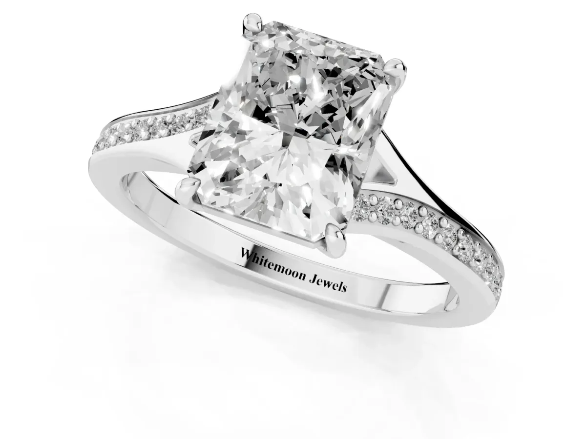 Radiant Cut Diamond Solitaire Ring with Pavé Band and Prong Setting Silver