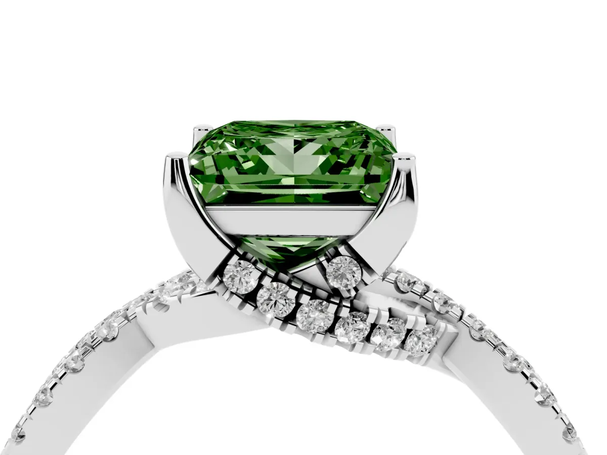 Fancy Green Princess Cut Solitaire Twist Pave Diamond Engagement Ring with Prong Setting Silver