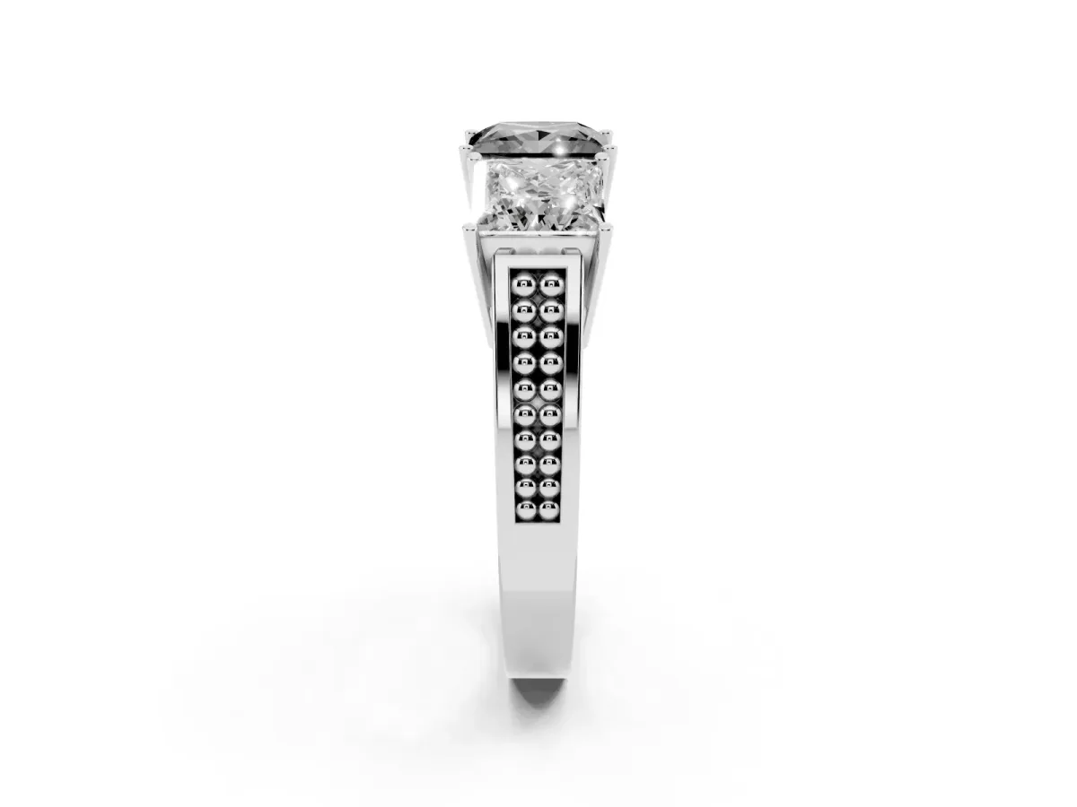 Fancy Black Princess Cut Diamond Three-Stone Ring with Prong Setting and Textured Band Silver